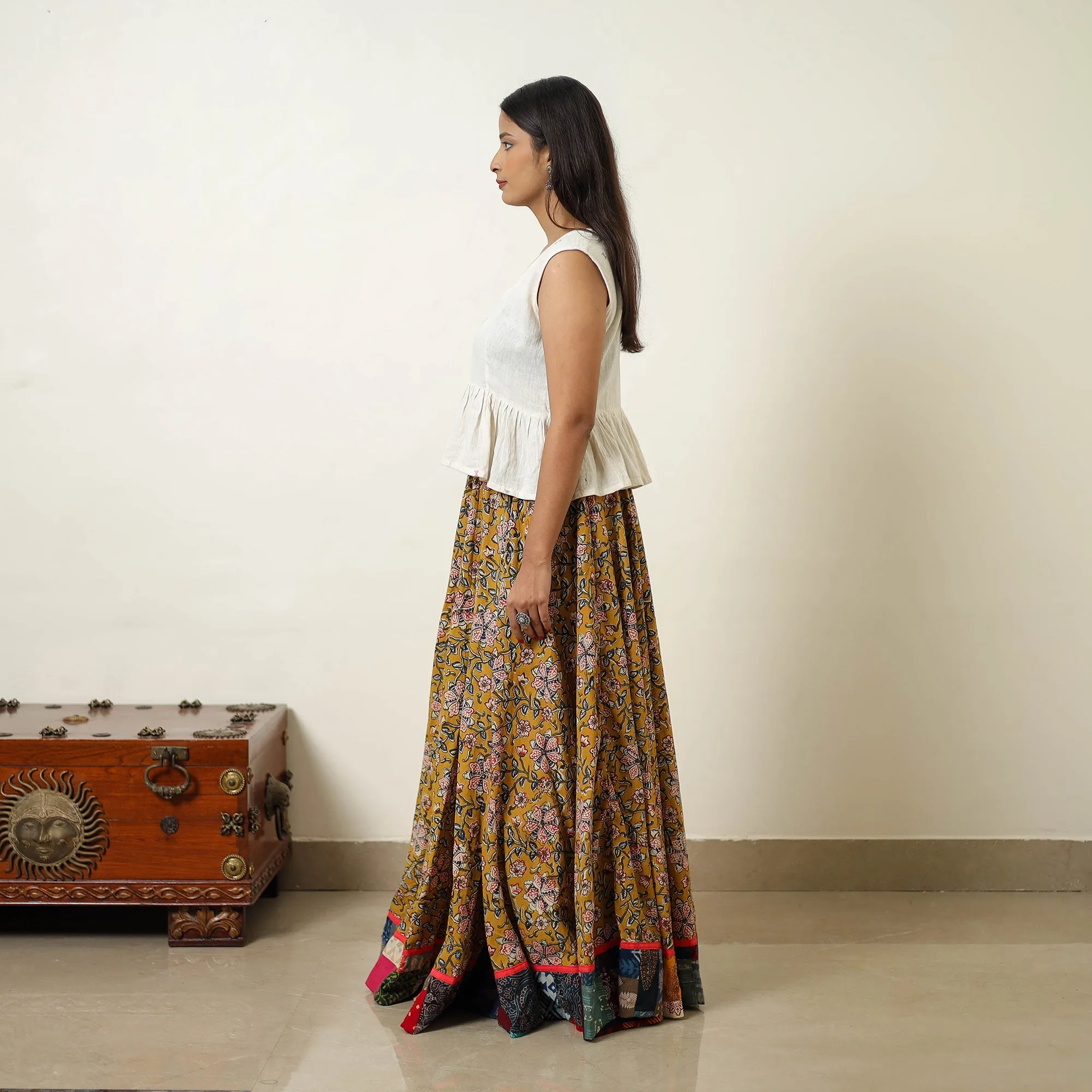 Yellow - Hand Block Printed Cotton Long Bagru Skirt 01