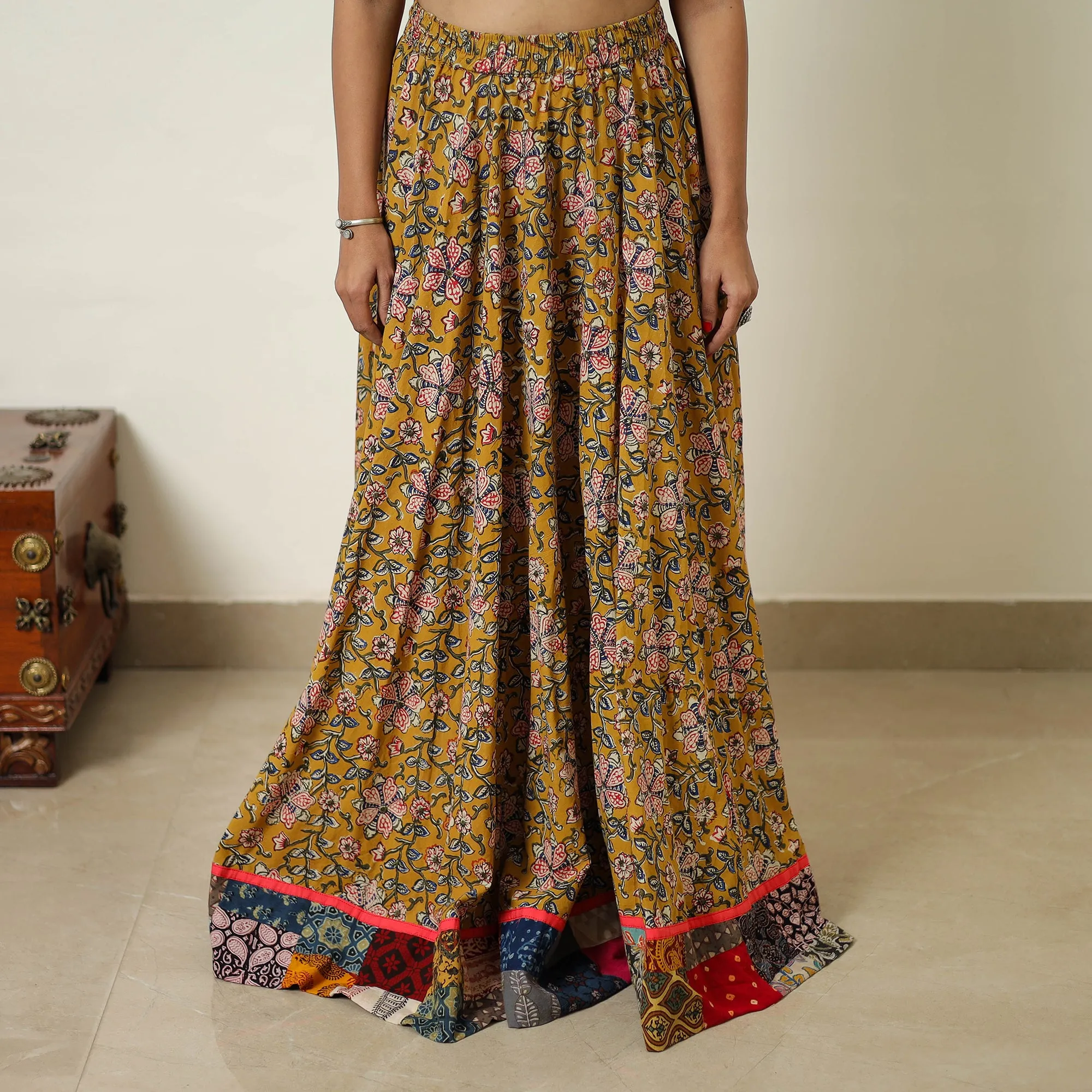 Yellow - Hand Block Printed Cotton Long Bagru Skirt 01