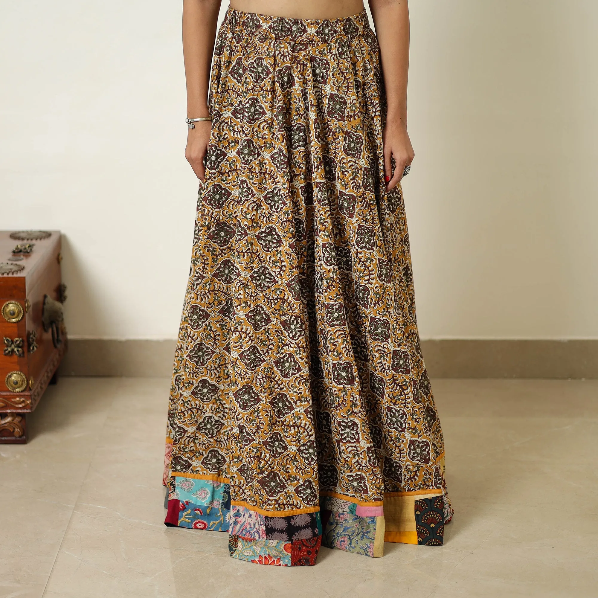 Yellow - Hand Block Printed Cotton Long Bagru Skirt 13