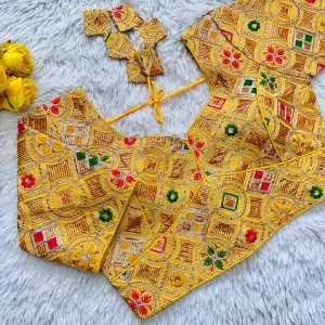 Yellow Heavy Cording Work Pure Georgette Blouse with Multicolor Embellishments