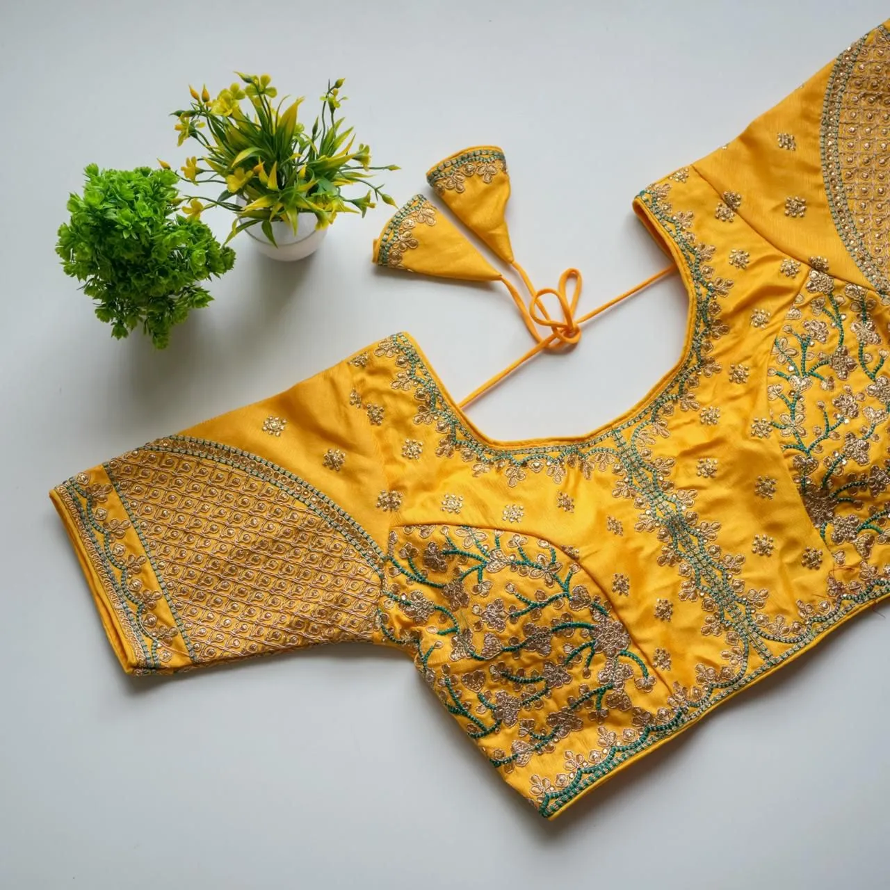 Yellow Mulmul Silk Blouse with Golden Embroidery and Sequins