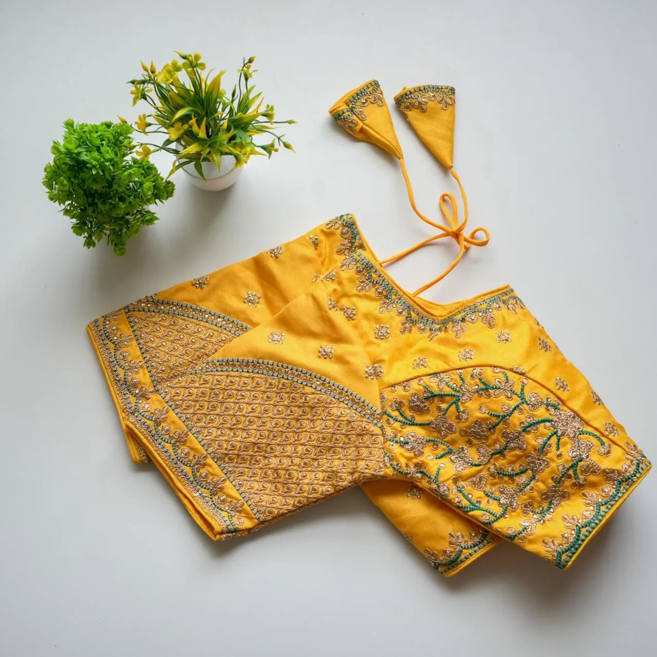 Yellow Mulmul Silk Blouse with Golden Embroidery and Sequins